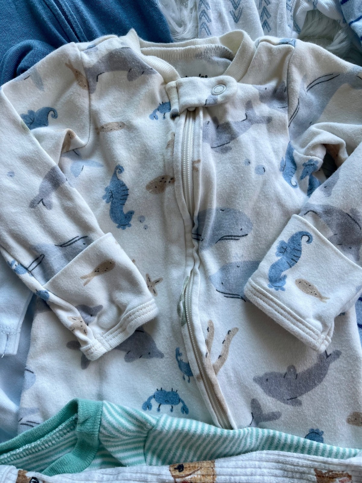 Mixed Baby Boy Newborn Footed Sleepers – Blue, Cream, Mint & Striped Set