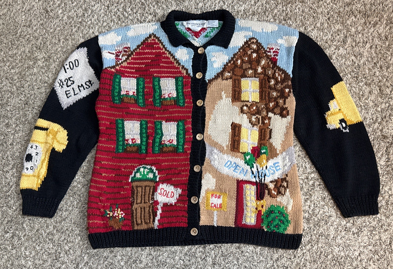 VINTAGE 90s THE EAGLES EYE Hand Knit Cottagecore House For Sale Cardigan Large