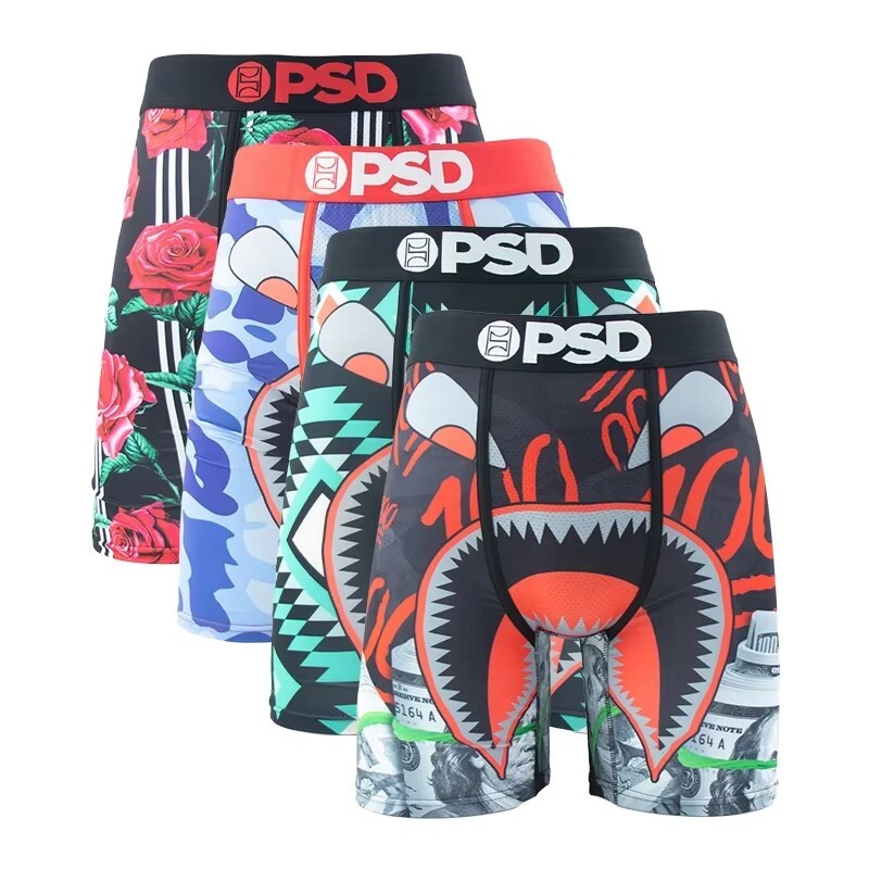 4Pcs Sexy Men Underwear Staple Boxers Brief PSD Polyester Shorts Print Underpant