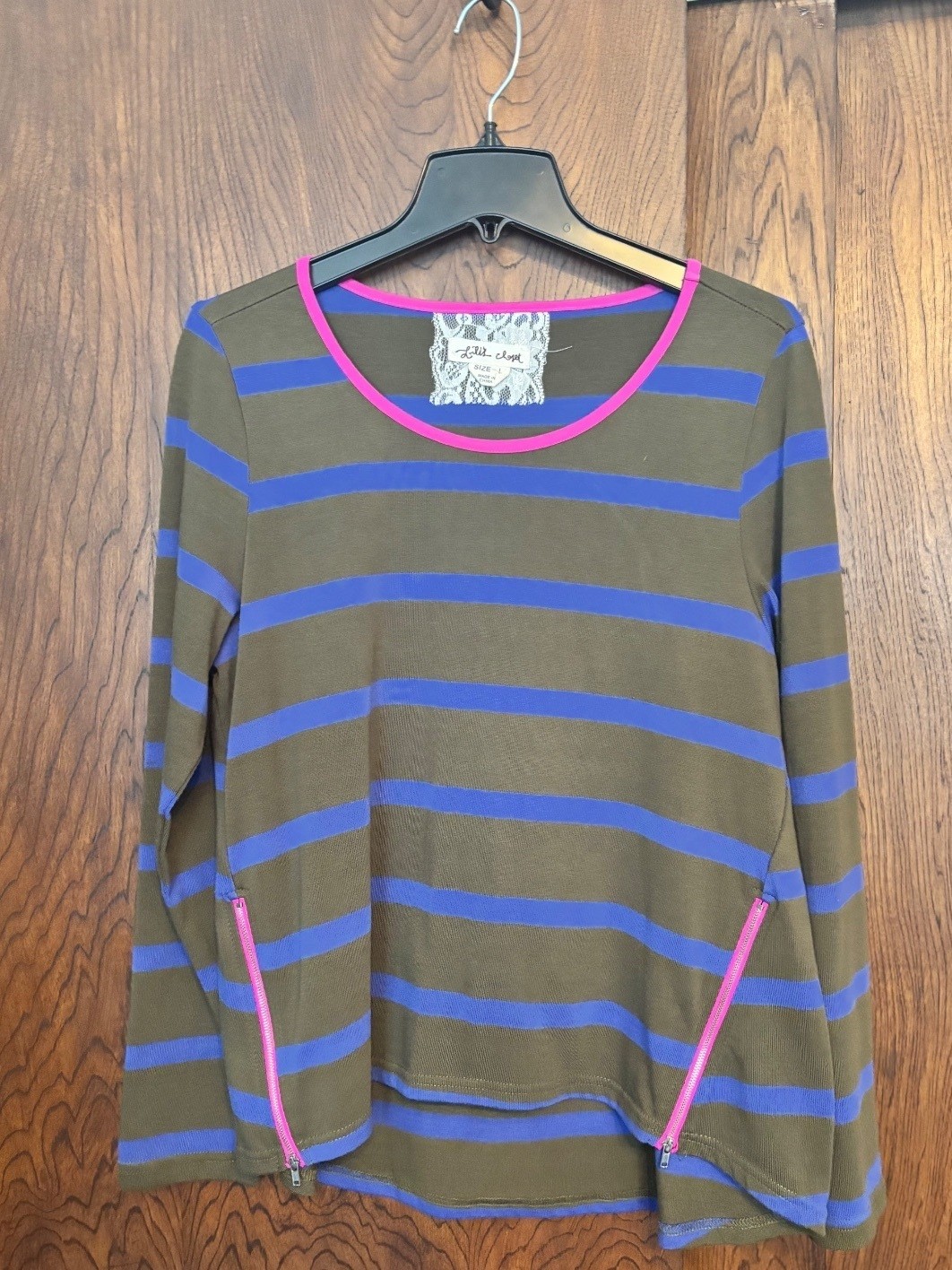 Lilla P Long Sleeve Striped Top with Pink Trim and Side Zippers Size L