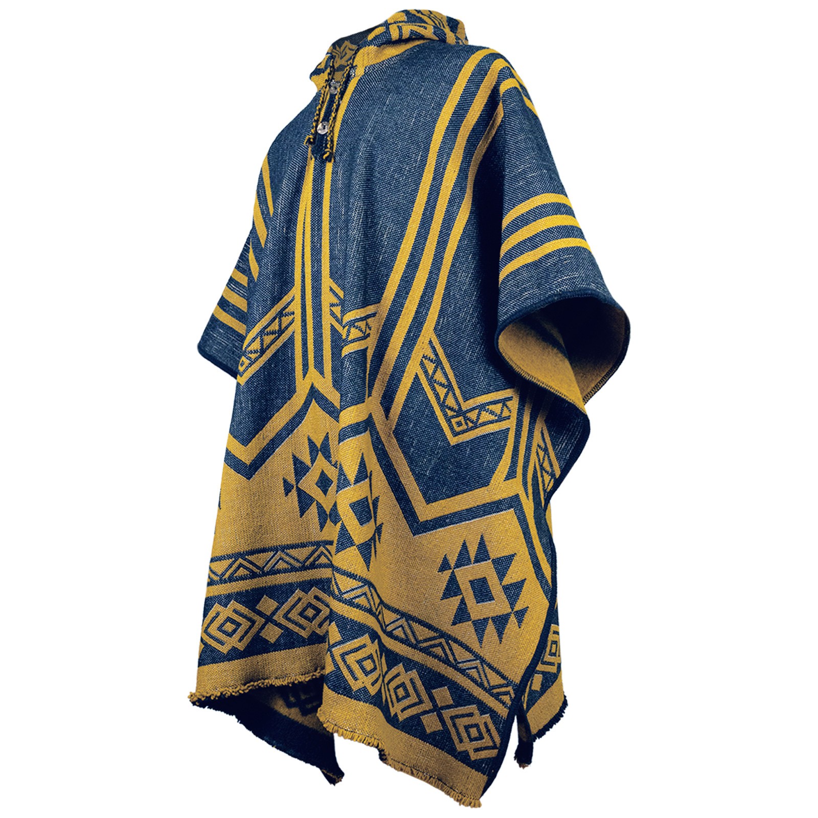 LLAMA WOOL UNISEX SOUTH AMERICAN PONCHO PULLOVER BLUE&YELLOW AZTEC PATTERN M-XXL