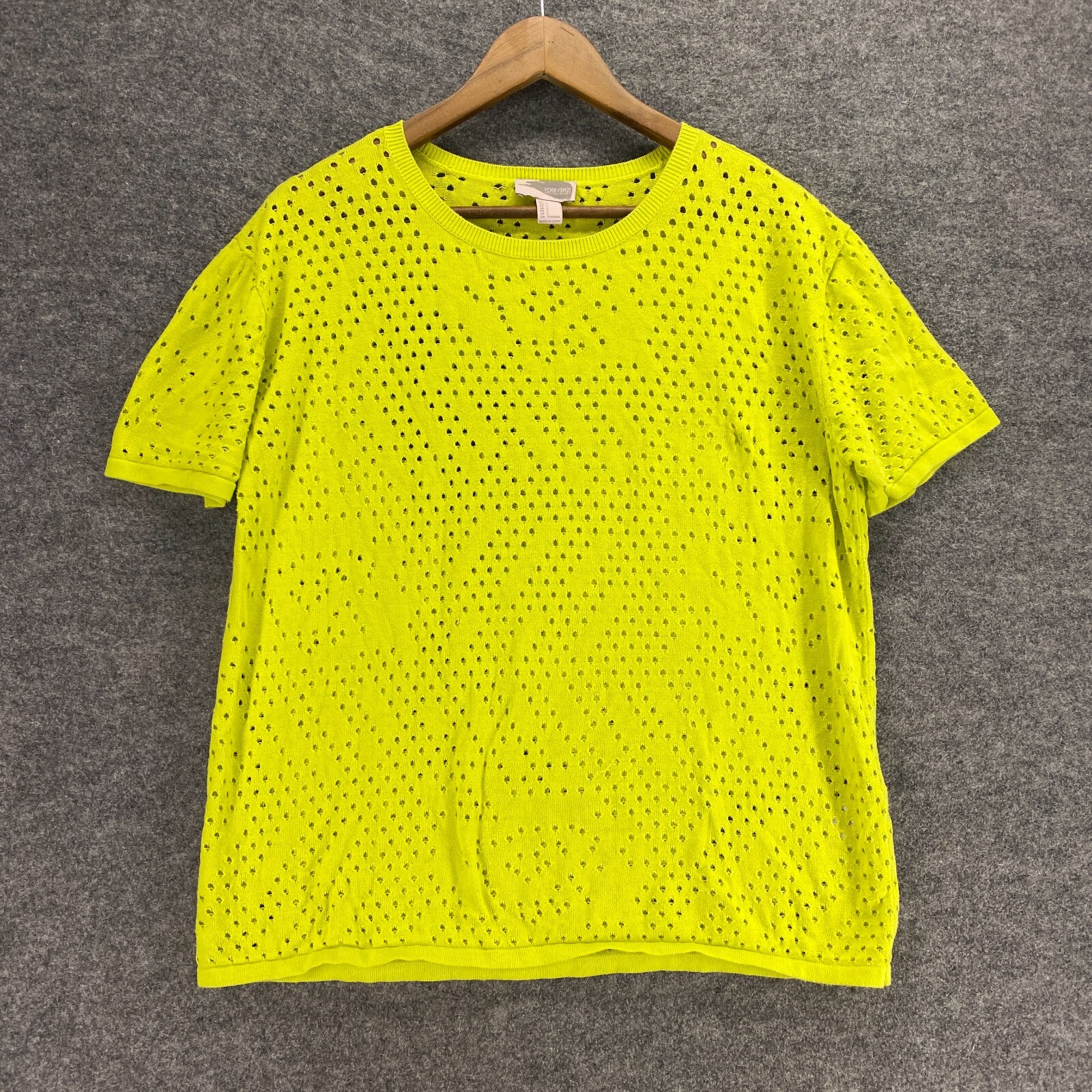 Forever 21 T-Shirt Women L Yellow Geometric Crochet Crew Neck Short Sleeve Top