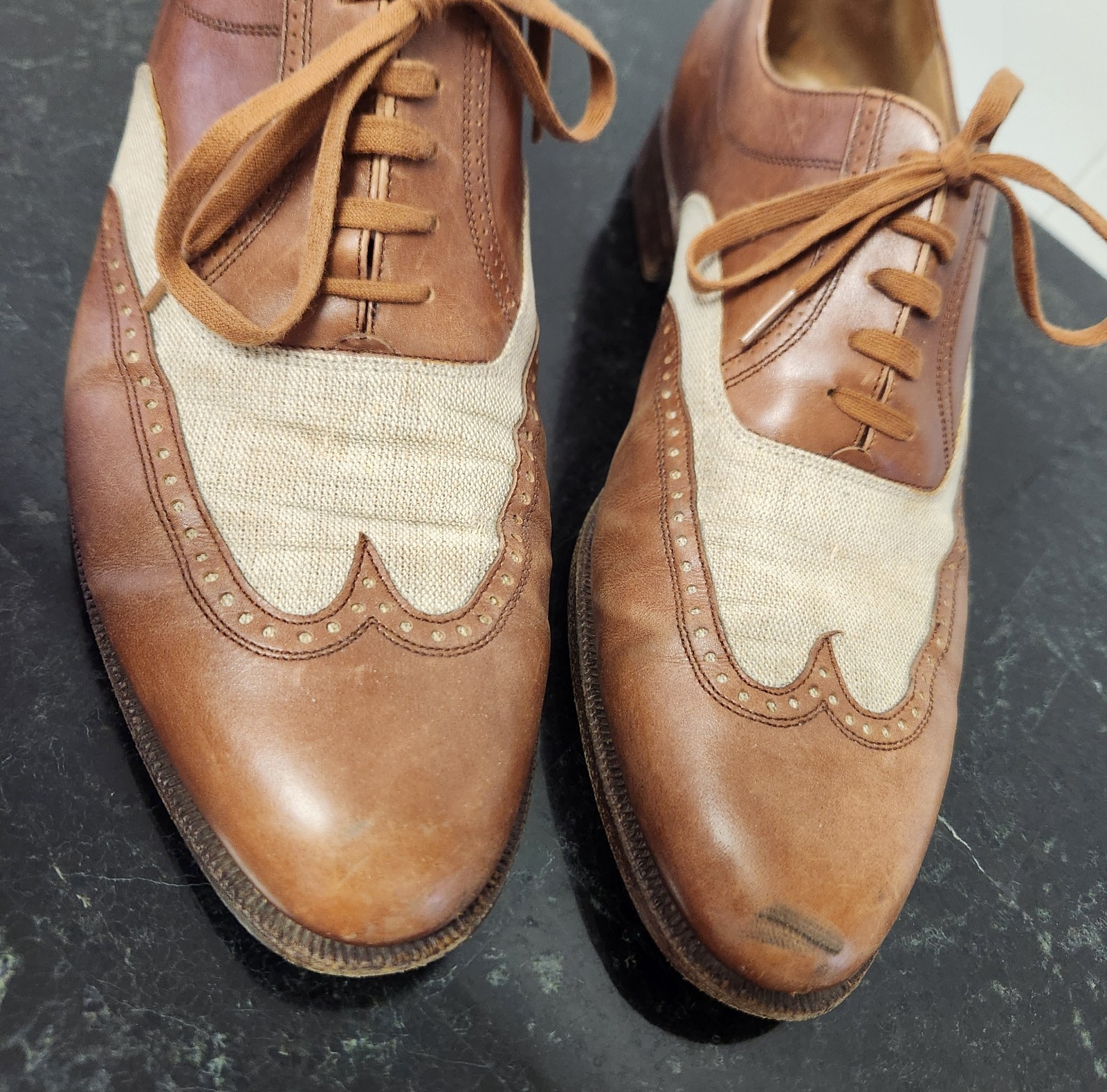Italian spectator wingtips 11 leather canvas two tone shoes
