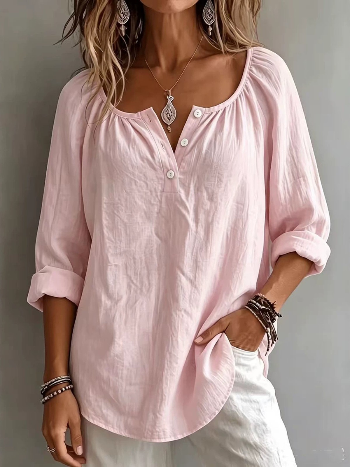 Voidism – Womens Button Detail Long Sleeve Top. A Casual Pullover.