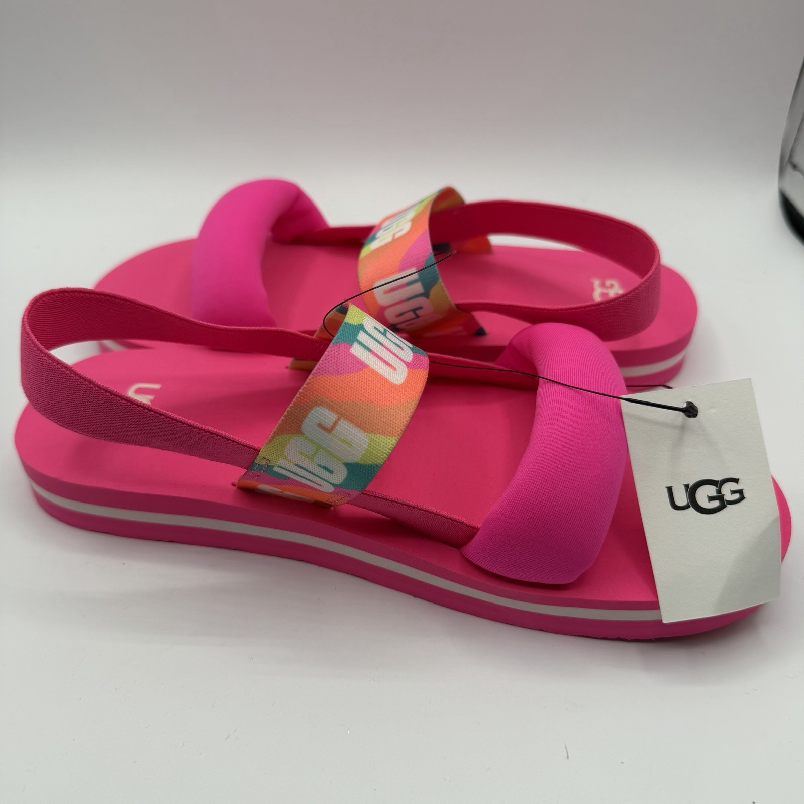 UGG Zuma Sling Sandals Neon Pink Rainbow Logo Strap Kids 5 Womens 7 NWT