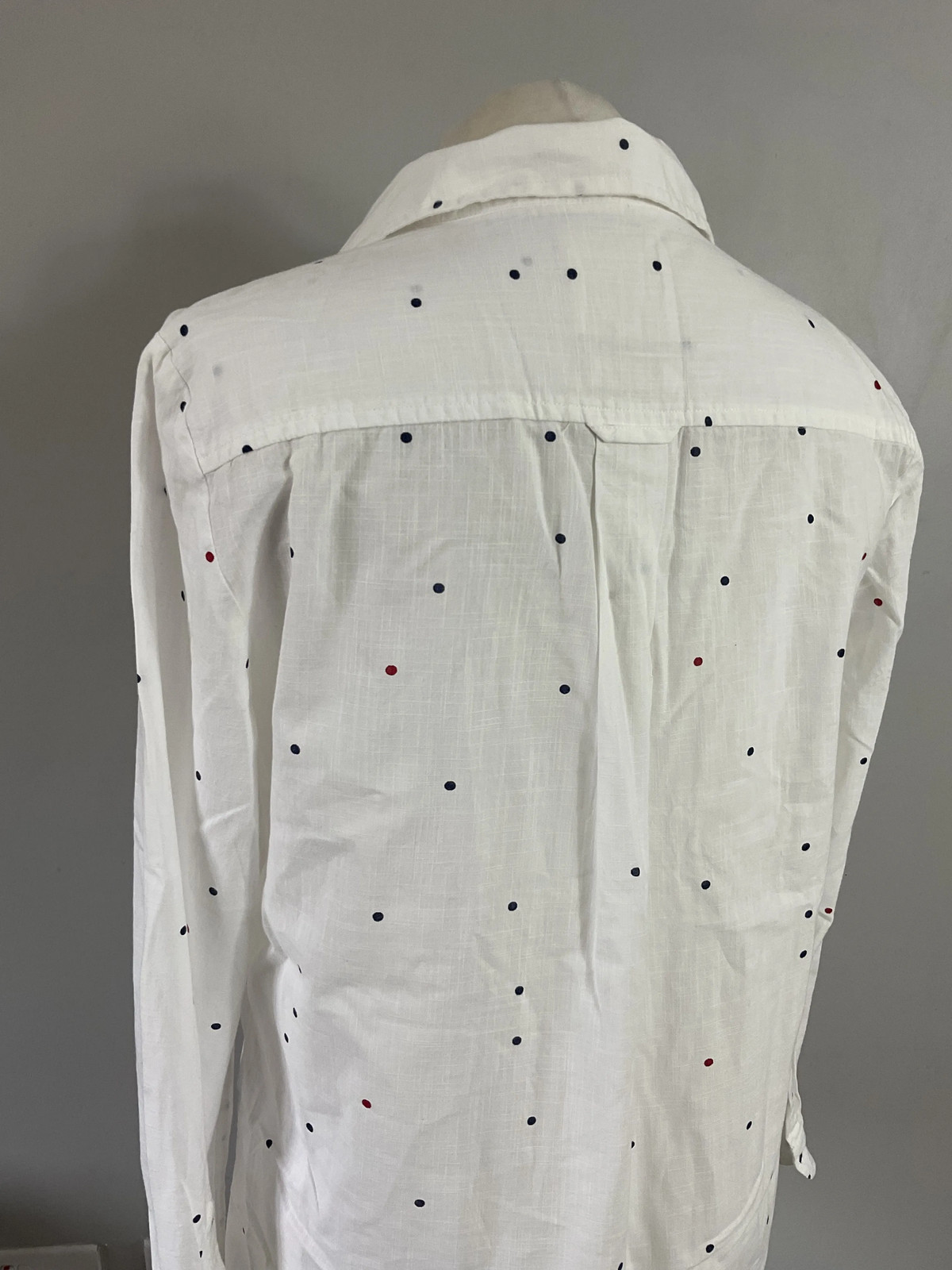 FatFace ladies white textured cotton deep navy & red polka dot blouse top UK 12