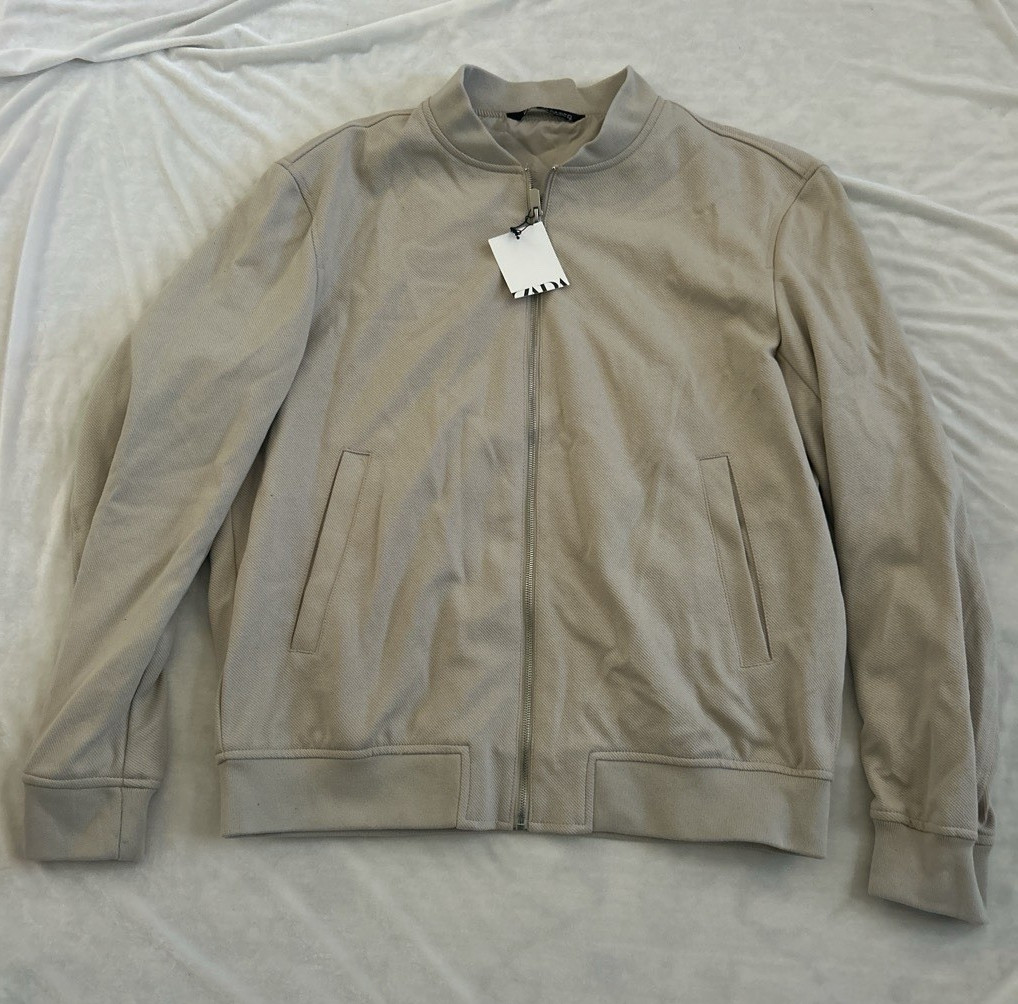 Zara mens bomber jacket beige full zip short band collar solid XL