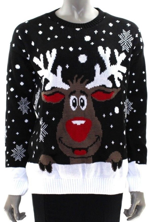 JUMPER Ladies BLACK Knit Fabric Rudolph Reindeer CHRISTMAS Novelty Sweater | 42″