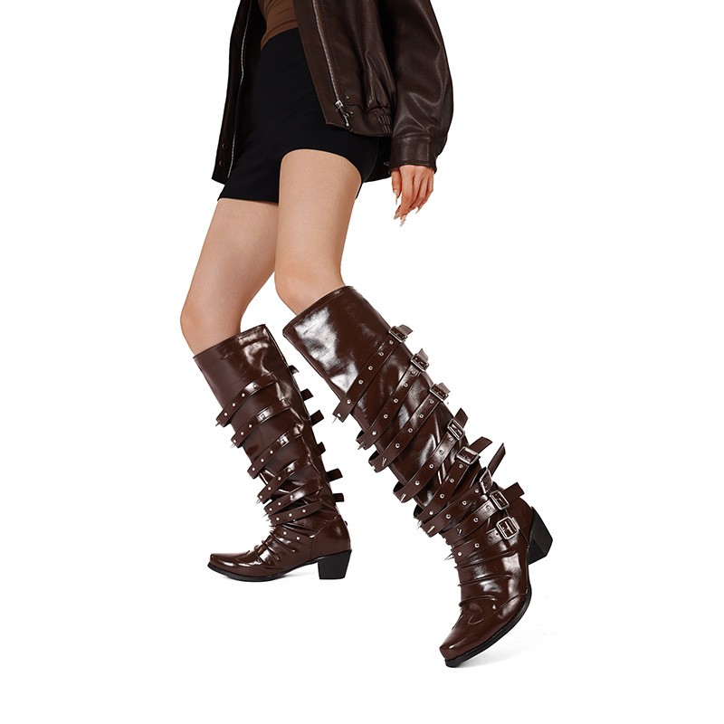 Rivet Cowgirl Knight Boots Women Pointy Toe Multi Buckles Low Heel Western Shoes