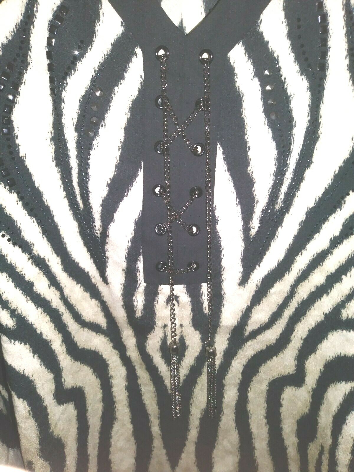 NEW Zebra Print Poncho Kimono Top~Plus 18/20~Black Beige Chain Ties Bling~#