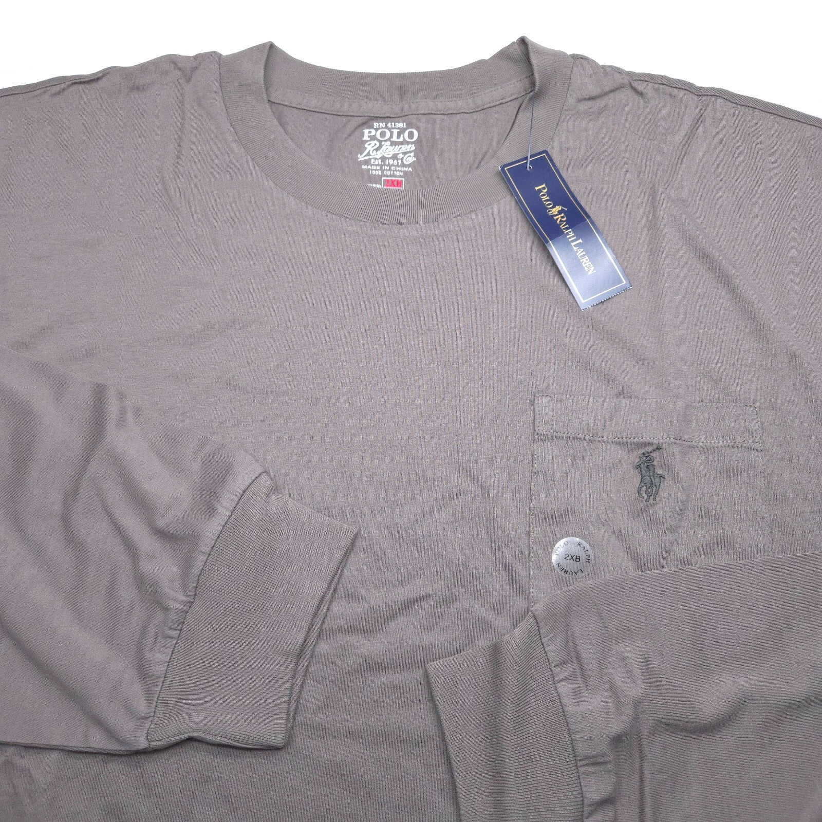 POLO RALPH LAUREN CREW T-SHIRT -2XB BIG XXL GRAY SMOOTH LONG SLEEVE POCKET -PONY