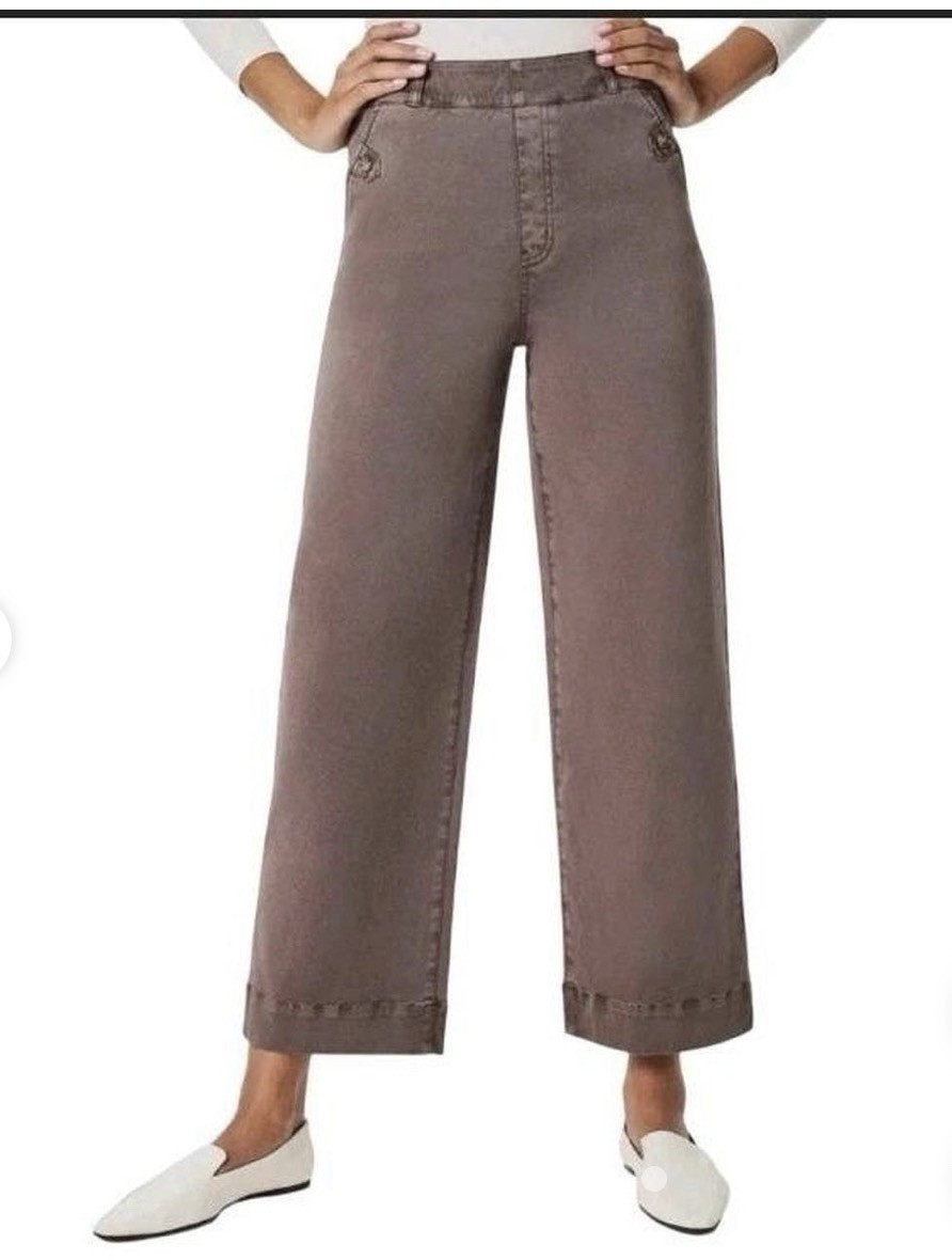 NWT Spanx Women’s brown/smoke Wide-Leg Cropped Pants Solid Flat Front Button, M