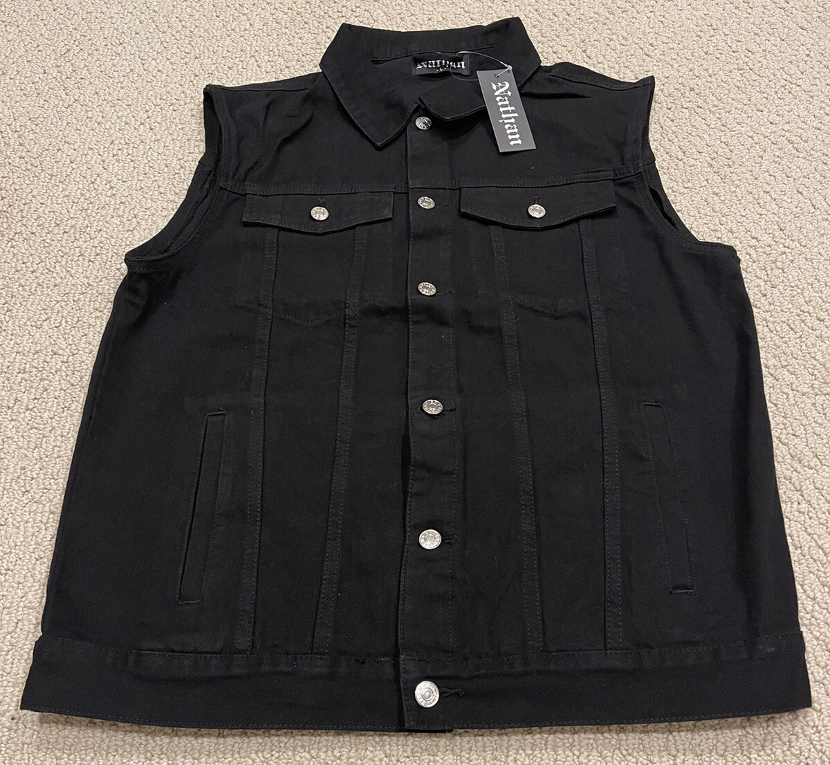 NWT Men’s Nathan Denim Black Classic Button Denim Trucker Jean Vest SIZES S & M