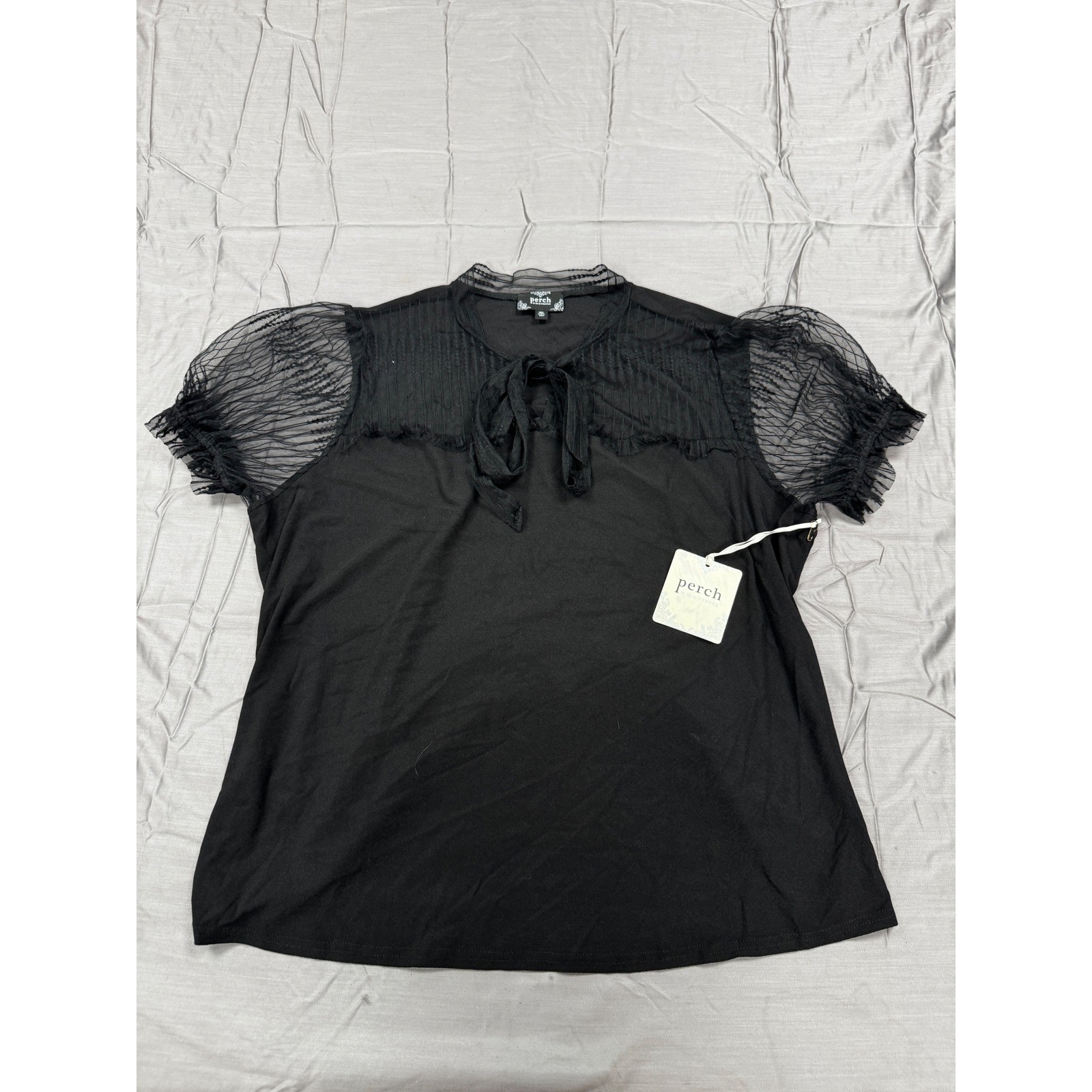 Perch by Blu Pepper Black Tie Neck Mesh Yoke Puff Sleeve Blouse 3XL NWT PEM5553