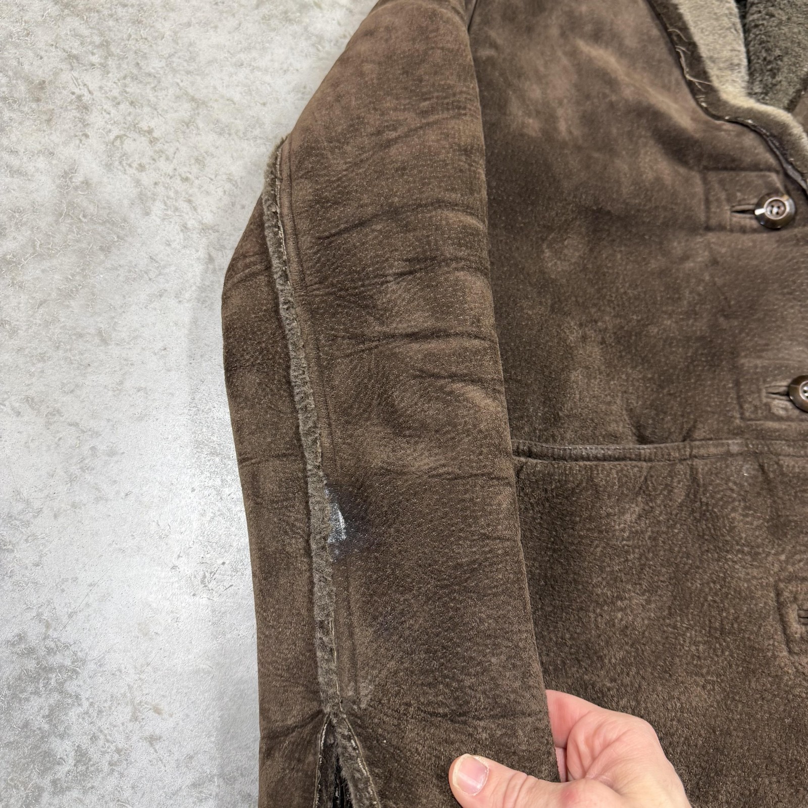 FreeTech Coat Mens Small Brown Leather Faux Shearling Lined Button Front