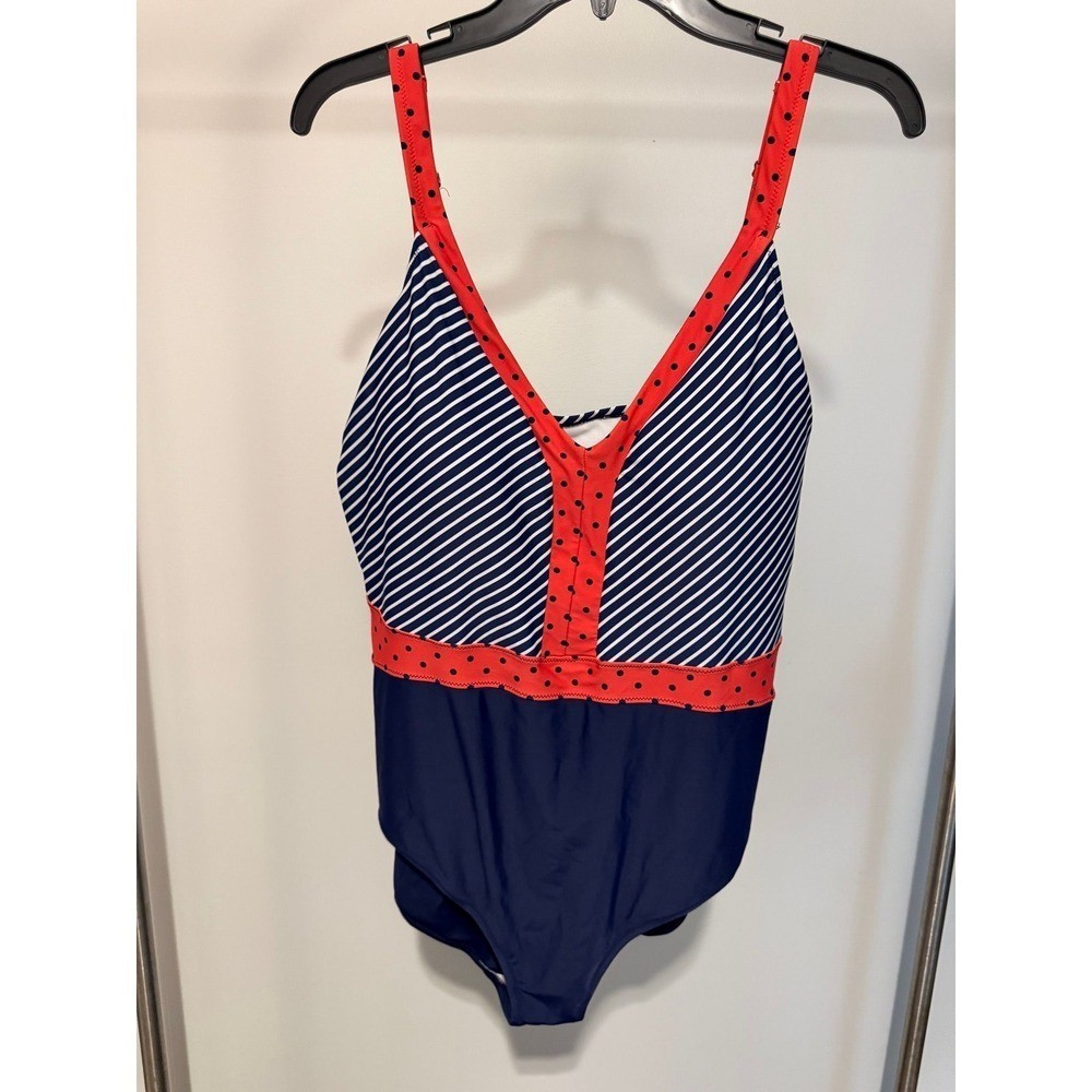 Women’s Navy Blue & Coral Polka Dot Stripe One Piece Swimsuit Plus Size