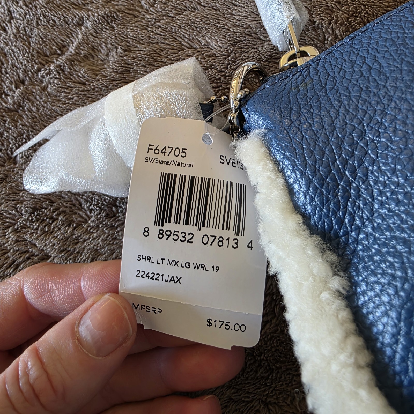 Coach Nolita 19 Shearling Blue Pebble Leather Wristlet Chain Bag NWT