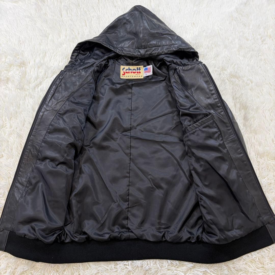 SCHOTT Lamb Leather Zip Hoodie Parka Black L Soft Texured Sports Jacket