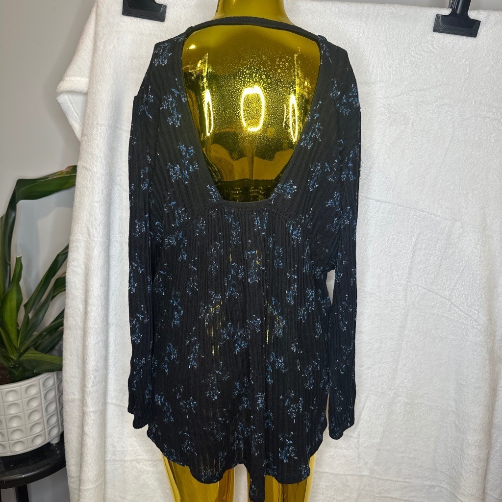 Prairie Boho Lucky Brand Black Blue Floral Crinkle Gauze Lace Up Peasant Top XL