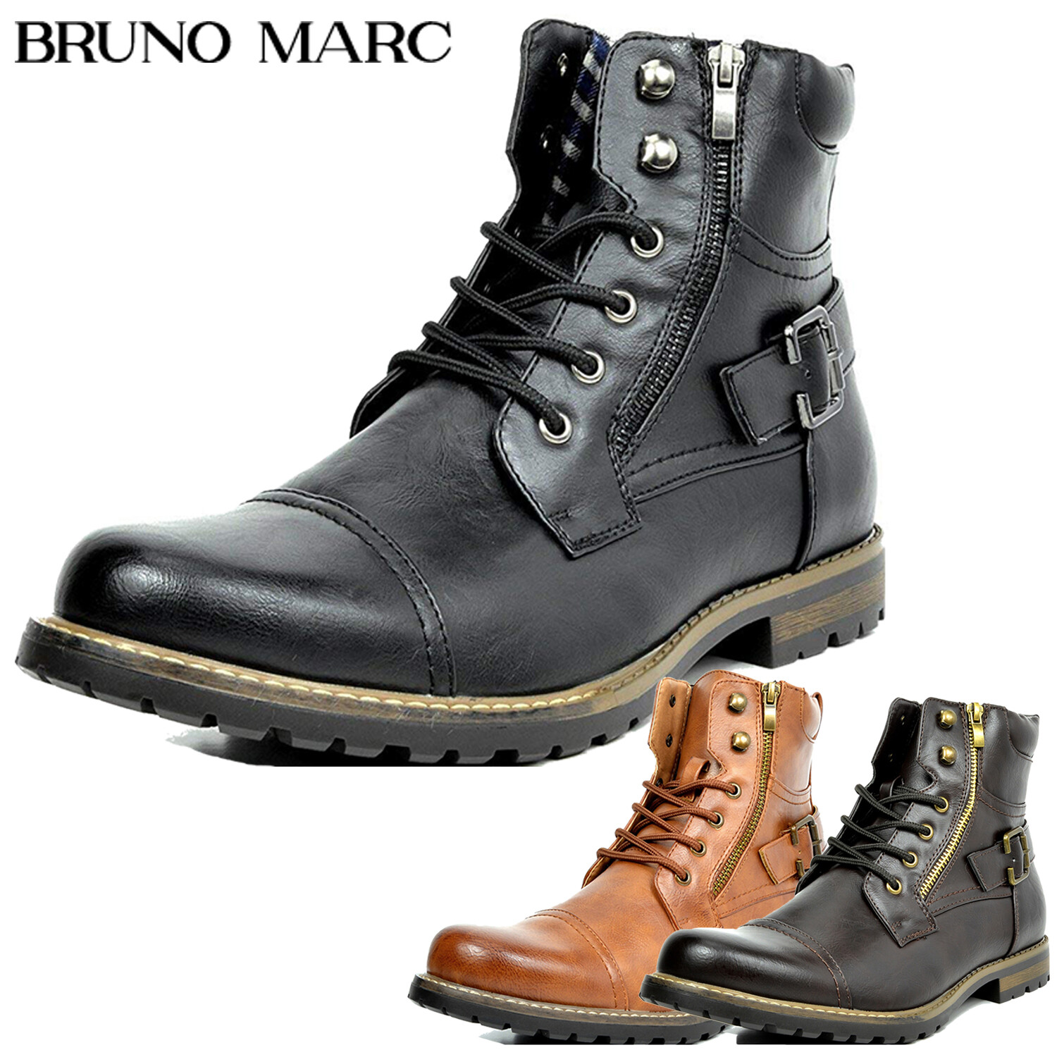 Bruno Marc Men Motorcycle Combat Boots Military Boots Riding Ankle Leather Boots