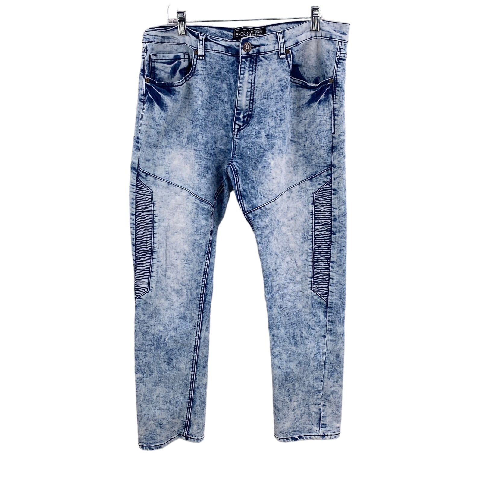 Broken Threads Mens Blue Denim Jeans Stone Washed Size 36 x 30 Slim Fit Stretch