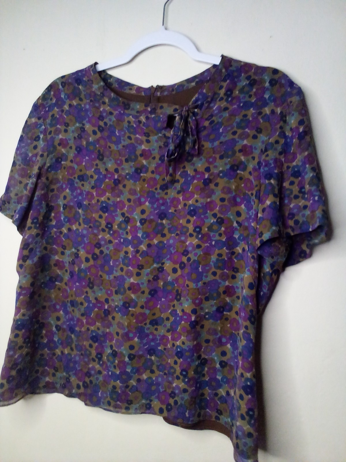 Cynthia Howie Maggy Boutique Blouse Women 14 Lined 100% Silk Floral Purple Brown