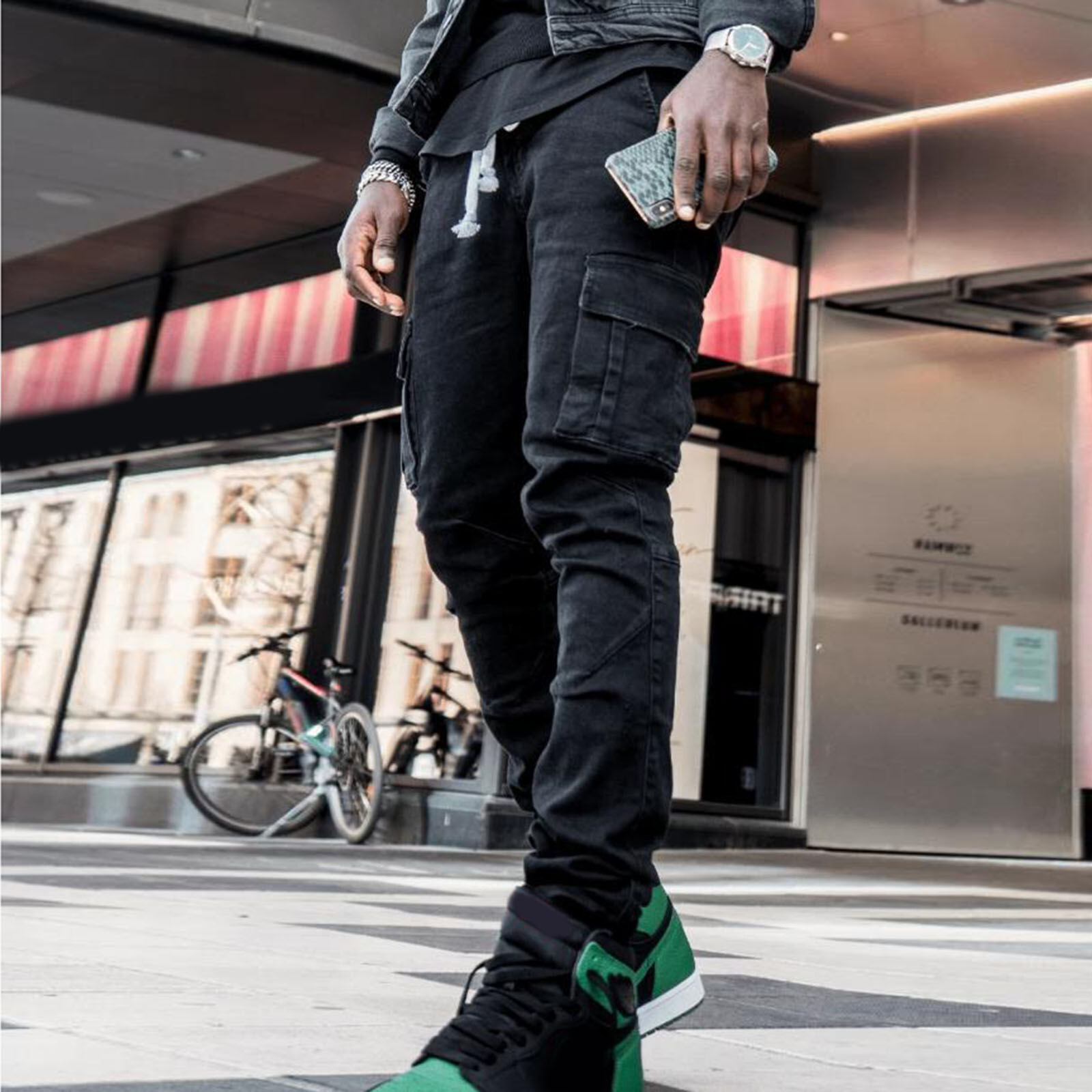 Large SIze Mens Soild Straight Hole Buckle Zipper Middle Waist Denim Long Pants