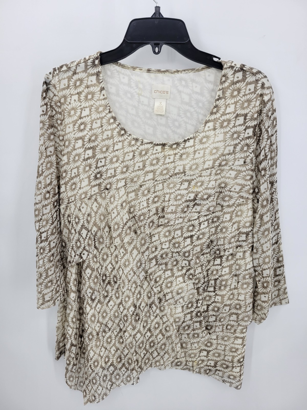 Chicos Top Womens XL 3 Brown Ivory Floral Geometric Tiered Asymmetric ARtsy