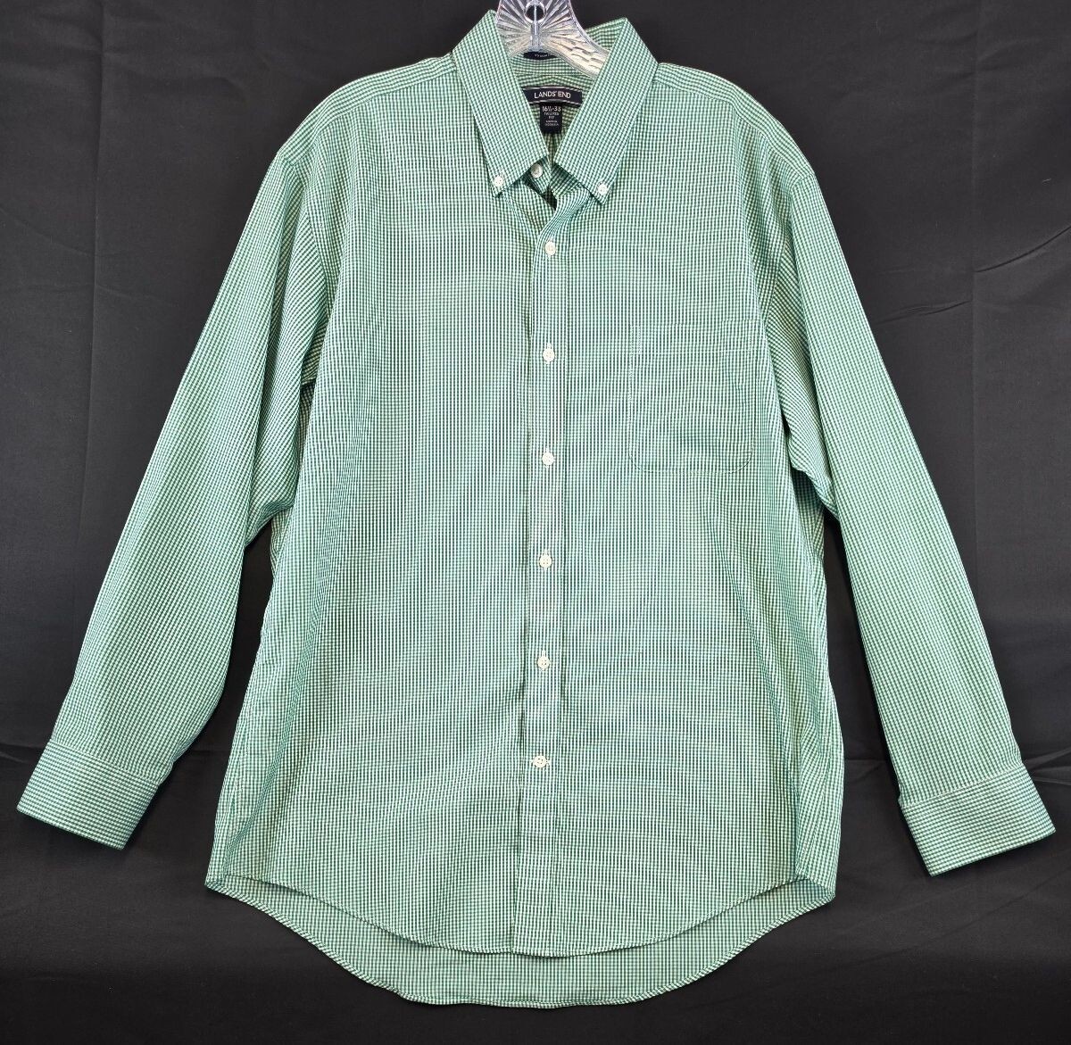 Lands’ End Men’s Green Gingham No Iron Supima Cotton Dress Shirt, Size 16½-33