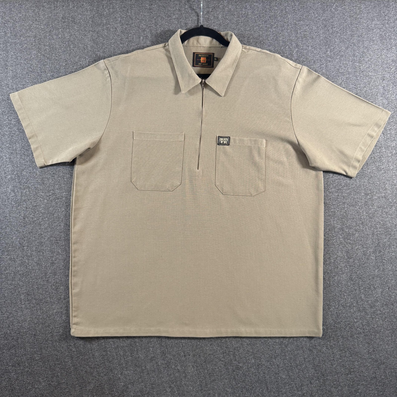 FB County Zip Shirt Mens XL Beige Short Sleeve Half Zip Pockets Casual Workwear