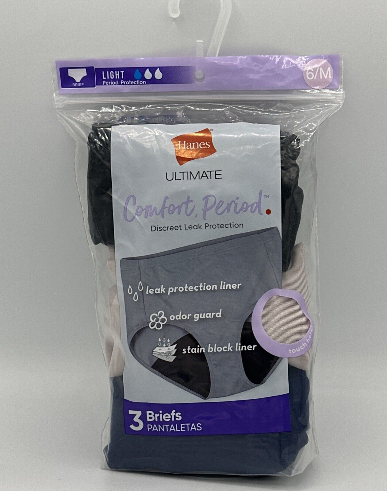 Hanes Comfort Period Light Brief Panty 3pk 6/M NEW Black Blue Beige 40FDL3