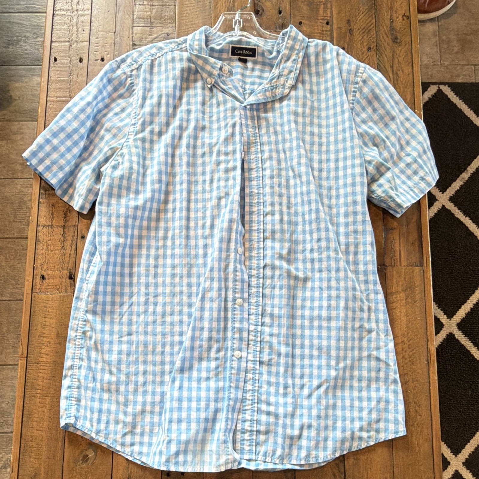 Club Room Men’s Blue/White Check Cotton Woven SS Button-Down Button-Up XL