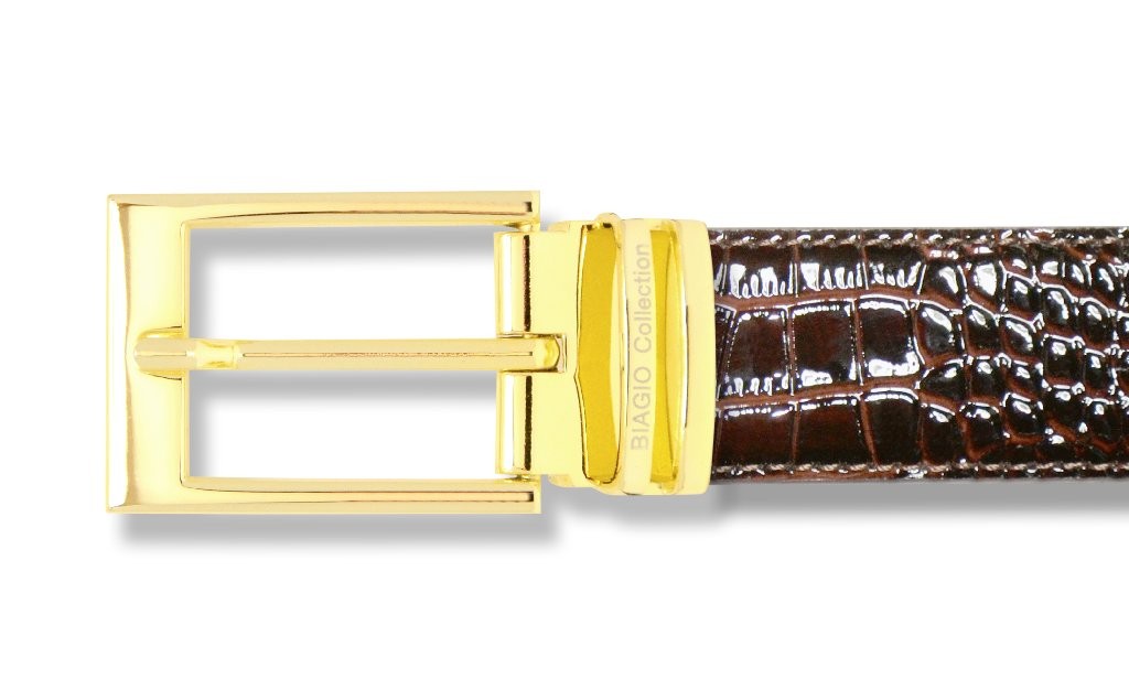 Biagio Croc Embossed DARK BROWN Mens Bonded Leather Belt Gold-Tone Buckle sz 34