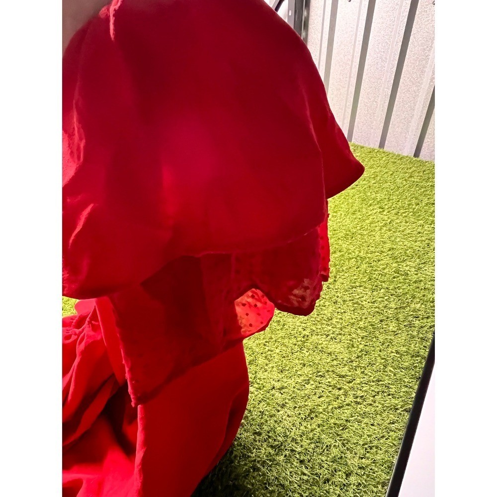 Umgee USA Red Tunic Top Large Square Neck Ruffle Swiss Dot Sleeve Peplum Hem