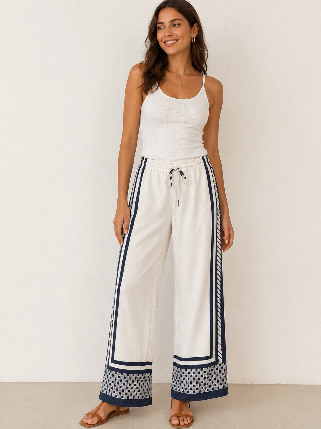 Ann Taylor Linen Woven Wide-Leg Pants Women’s L White Blue Geometric