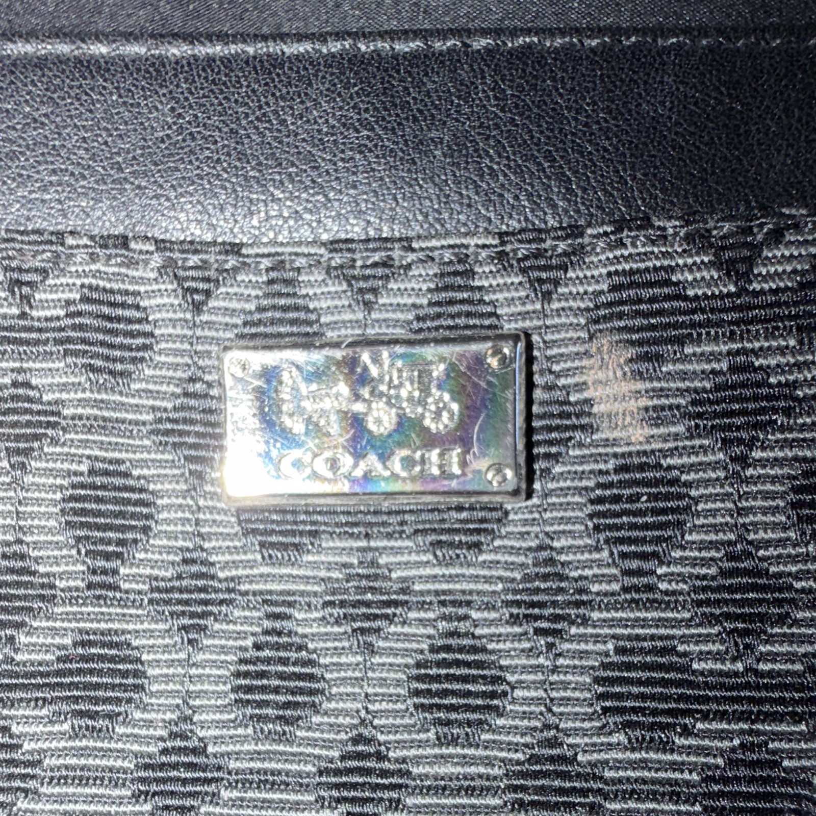 Coach Gray Black Logo Pattern Crossbody Bag Zip Closure Adjustable Strap Silver
