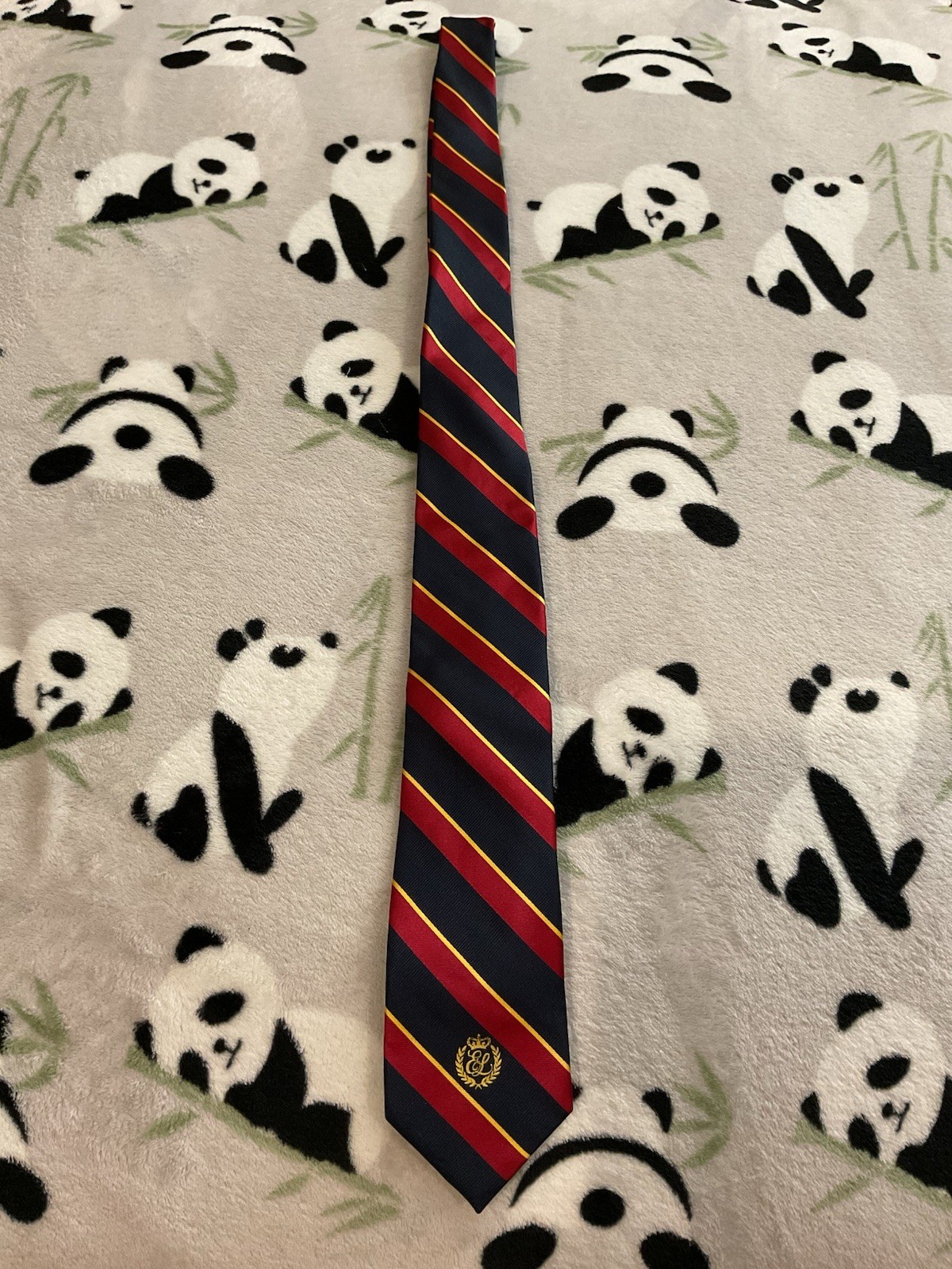 E Land Men’s Tie 3.25″ Red Navy Yellow Repp Stripe Necktie Logo
