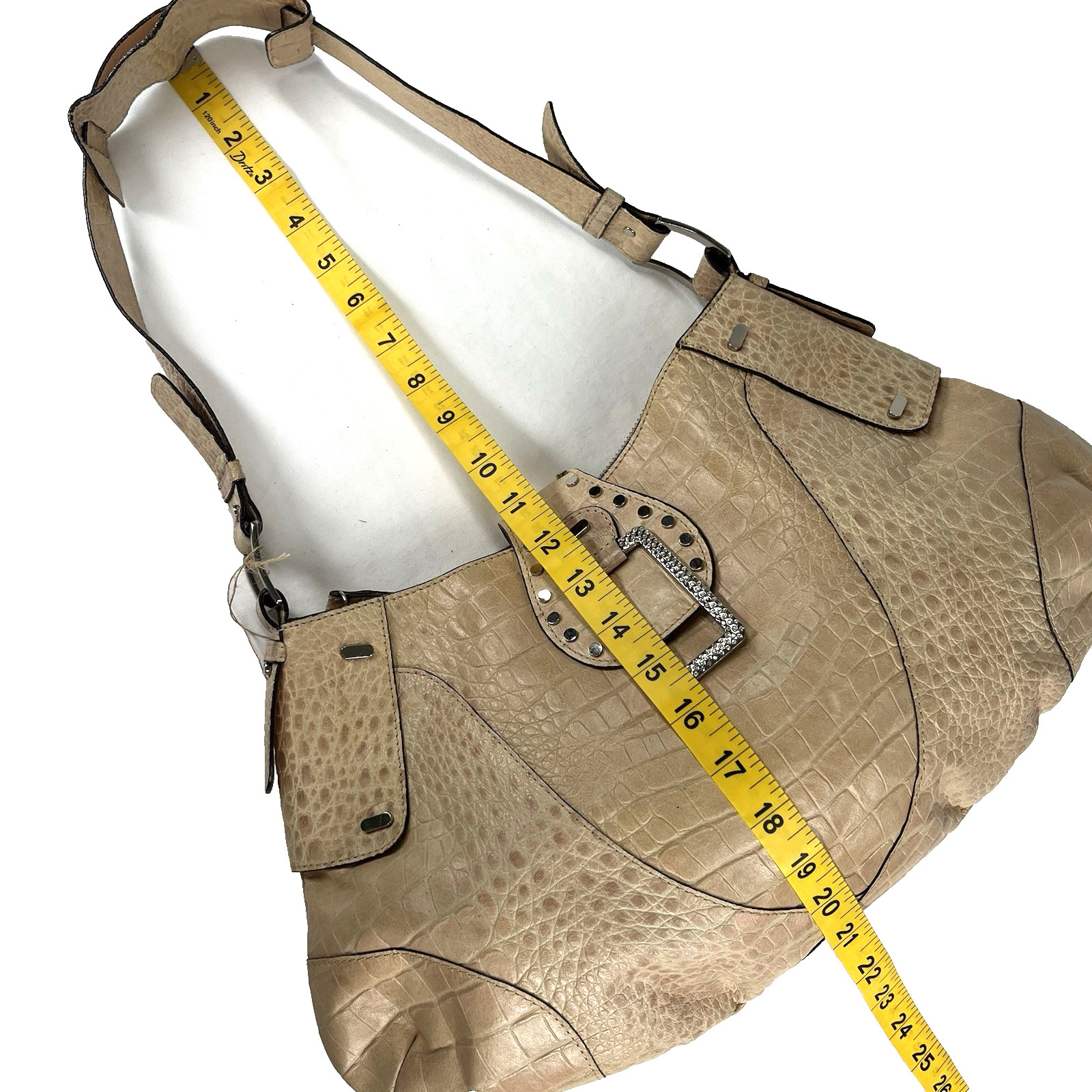 Vintage GUESS Y2K Beige Croc Embossed Logo Hobo Bag Studded Rhinestone Buckle