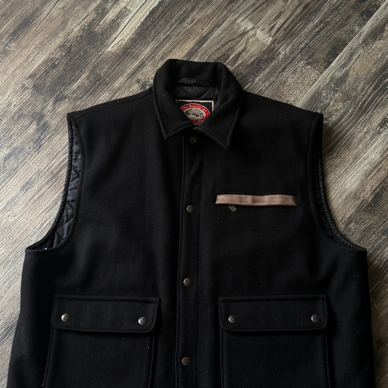 Australian Outback Collection Wool Vest Mens XL Black Quilted Lining Snap Front