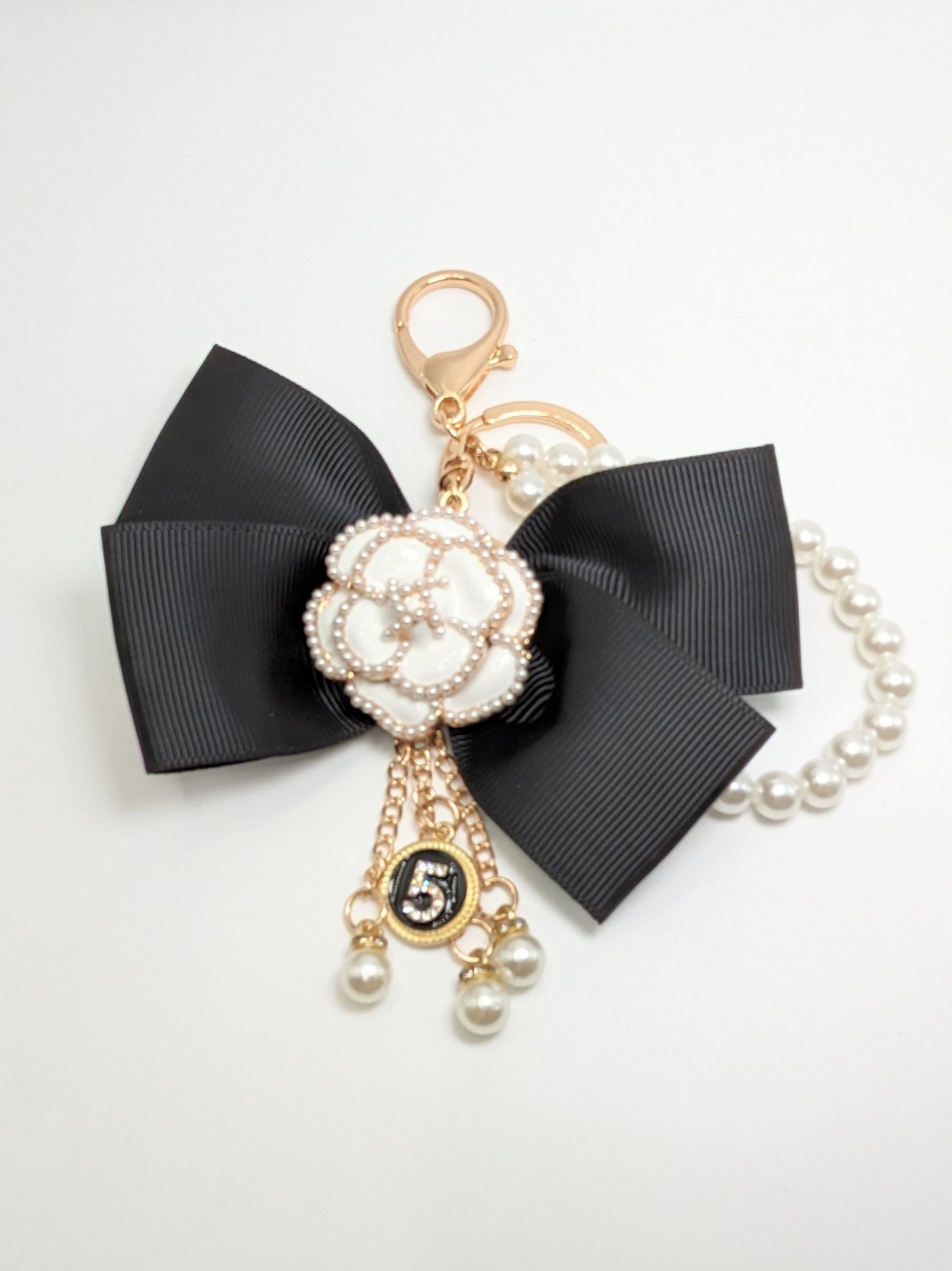 Camellia Bag Charm & Rhinestones – Black Bow & Faux Pearl | Stocking Stuffer