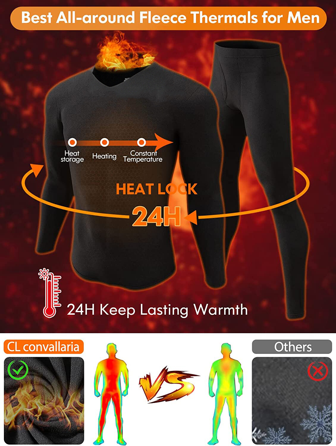 Men Thermal Underwear V Neck Soft Fleece Lined Long Johns Soft Set Top Pants