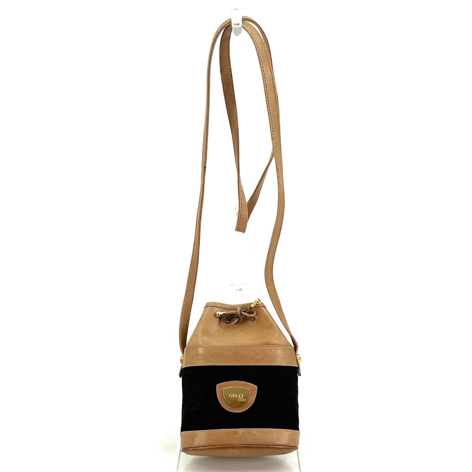 Gucci Vintage Black Brown Canvas Leather Drawstring Mini Bucket Bag Mcro GG Auth