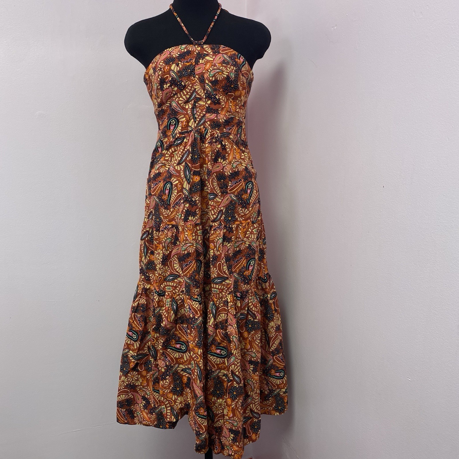 House of Harlow 1960 Multicolor Tie Halter Coton Paisley Print Dress Size S NWOT
