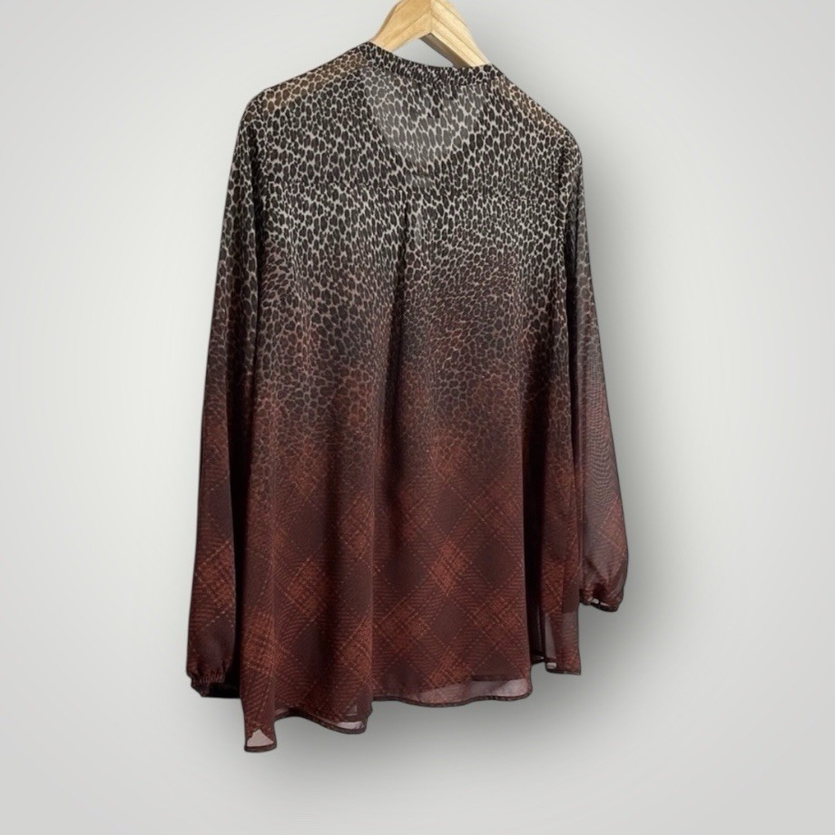 AGB Cheetah Plaid Print Ombre Top Womens Size Large Long Sleeve Semi Sheer Lined