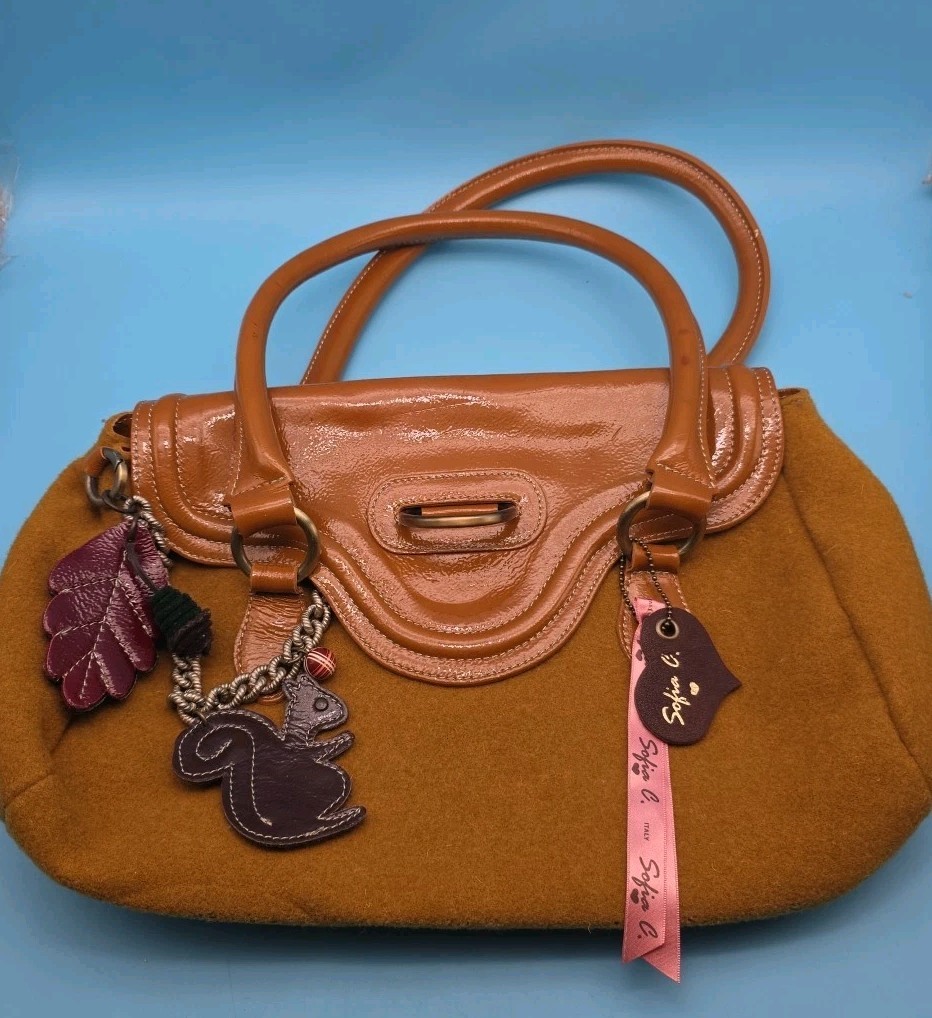 Sofia C Italian Felted Wool Caramel Patent Leather Autumn Fall Shoulder Bag
