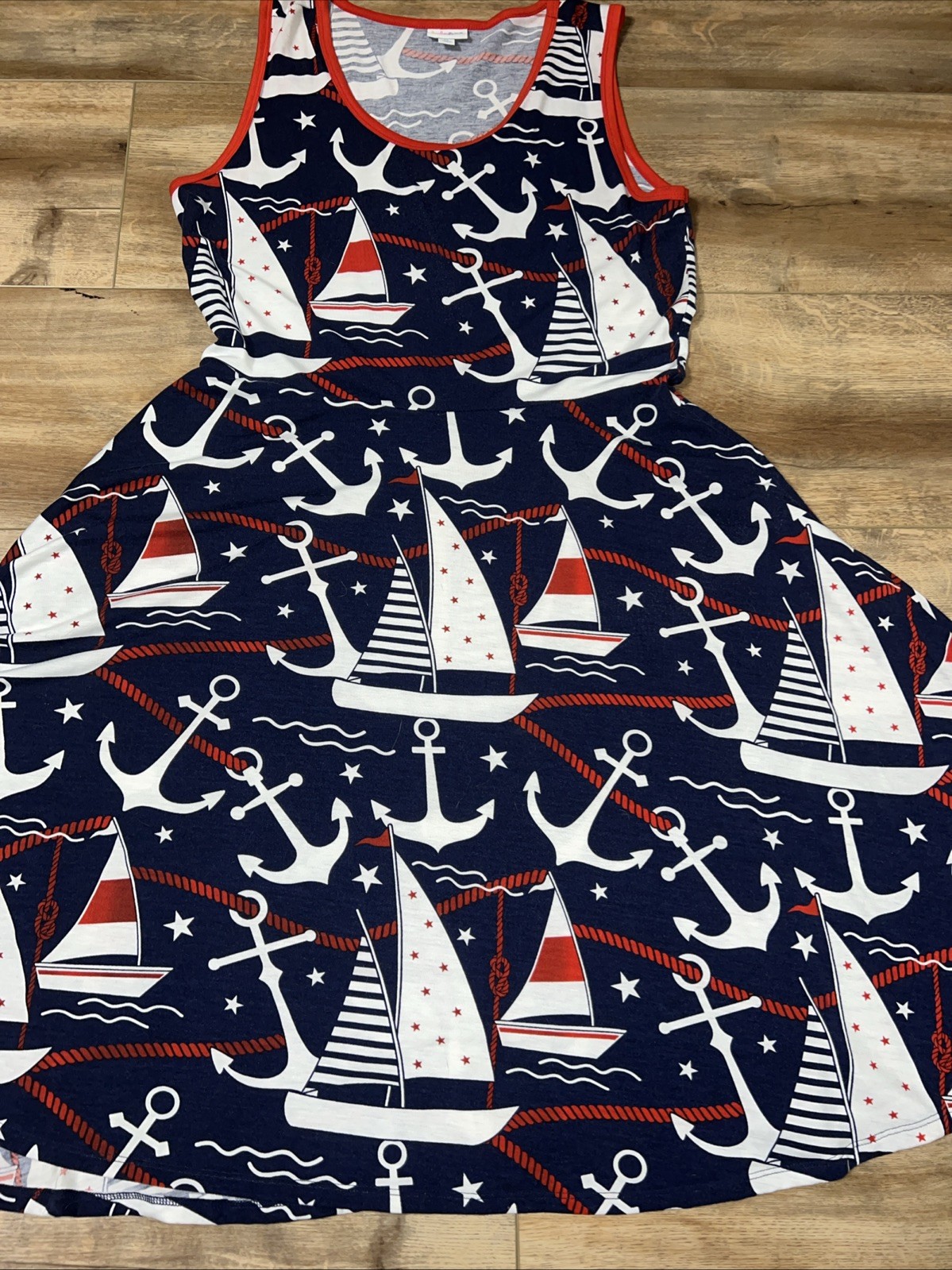 XL 18/20 16 LuLaRoe Nicki Dress Pockets Sleeveless Red/white/blue Anchor Sails