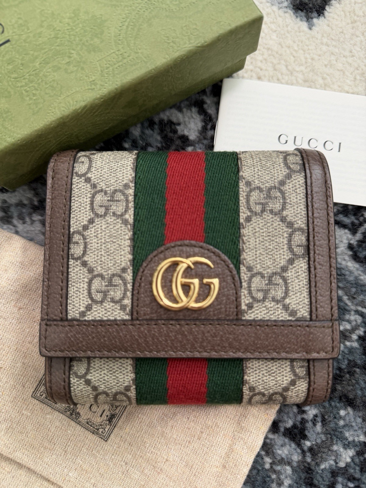 Auth Gucci GG Supreme Ophidia Web Trifold Card Case Wallet