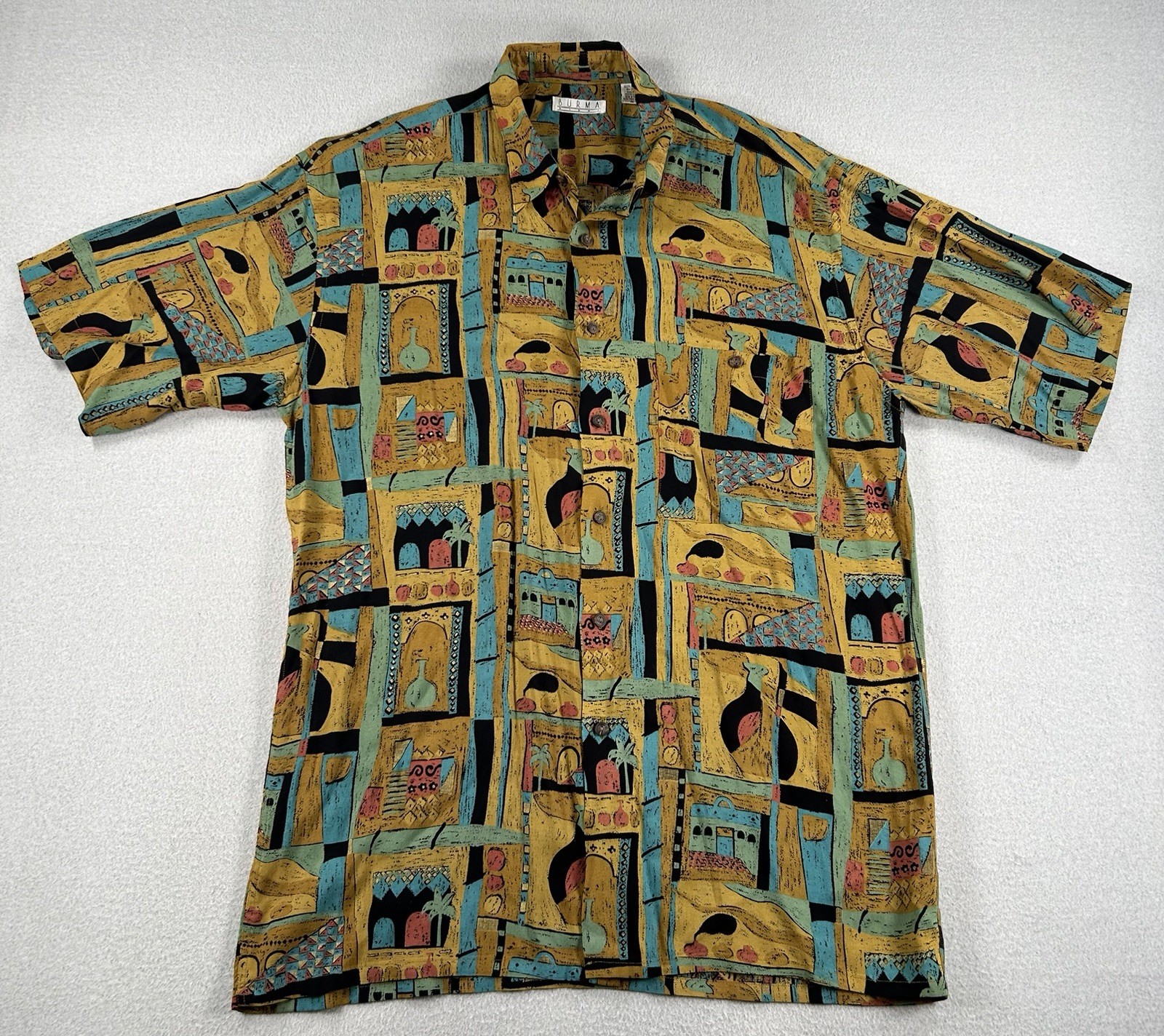 Burma Bibas Mens Short Sleeve Button Up Shirt Size M Loud Print Unique