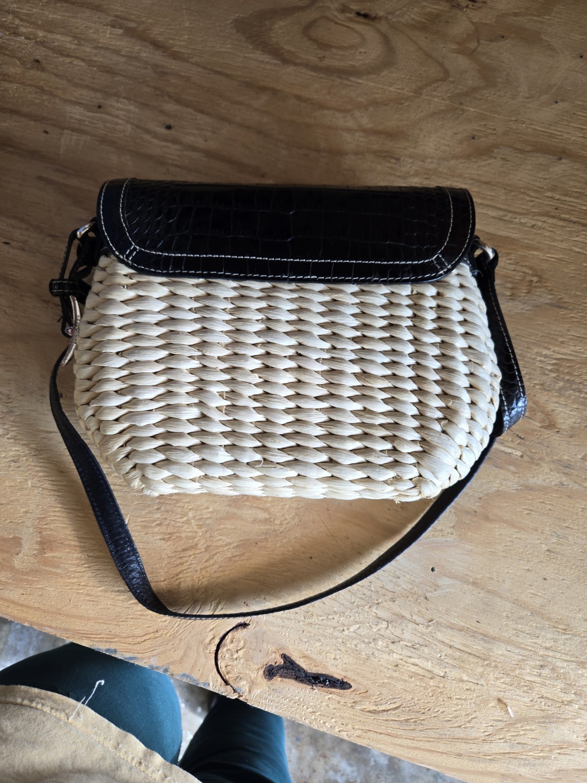 Brighton Woven Small Crossbody Bag Black Leather Strap Flap Magnetic Lined