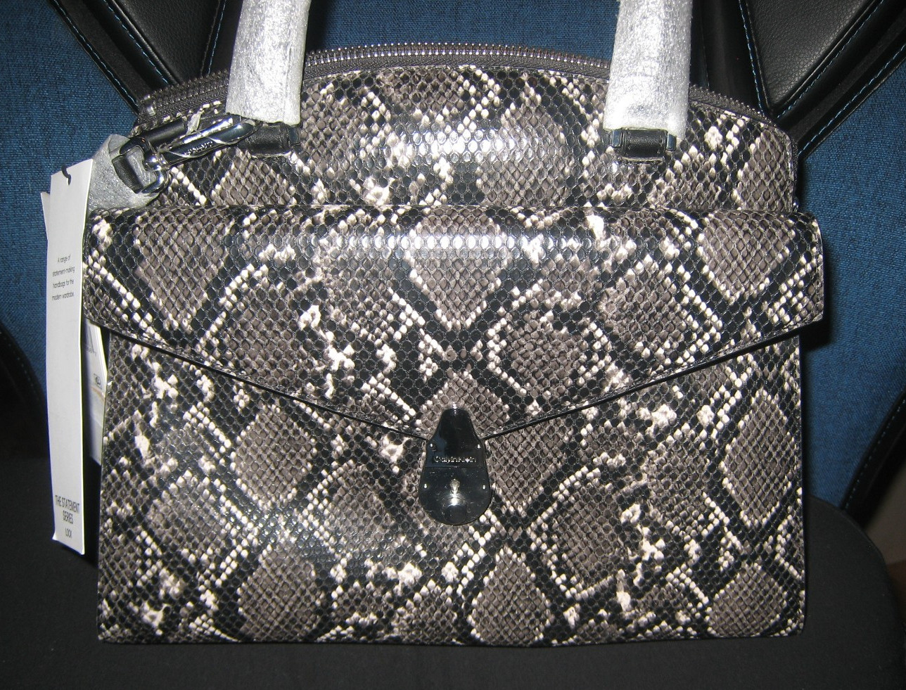 Calvin Klein Satchel Crossbody Lock Python Snake Embossed Grey Black w/Bag NEW